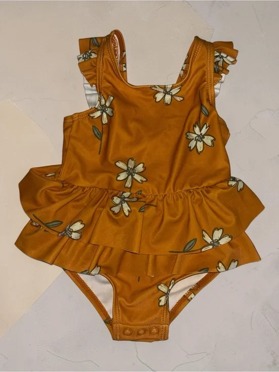 Carter's Mustard Floral Ruffle One-Piece Swimsuit