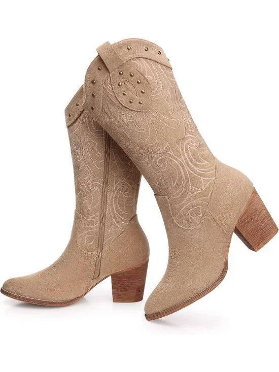 Women Apricot Western Pointed Toe Chunky Heel Embroidered Mid Calf Cowgirl Boot