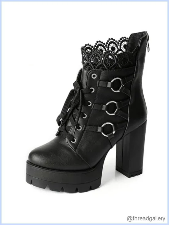 Chunky Heel Platform Ankle Boots Lace Up Zipper Goth Punk Booties
