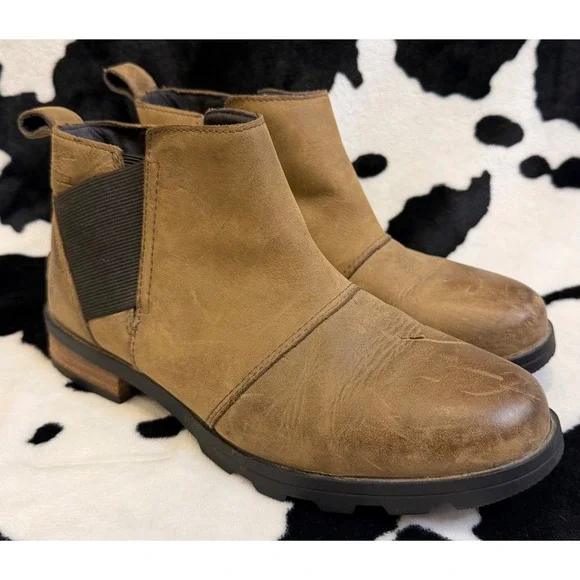 Sorel Emelie Chelsea Waterproof Leather Ankle Boots Brown Women's 6.5‎