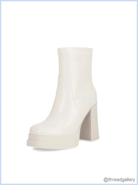 Chunky High Heel Platform Ankle Boots Square Toe Stretchy Combat Booties PU