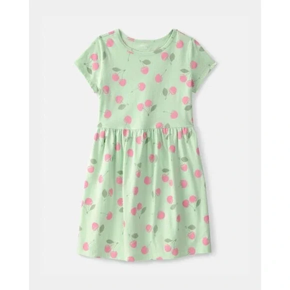 Carters Girls Green Cherry Print Jersey Dress Short Sleeve Size 8