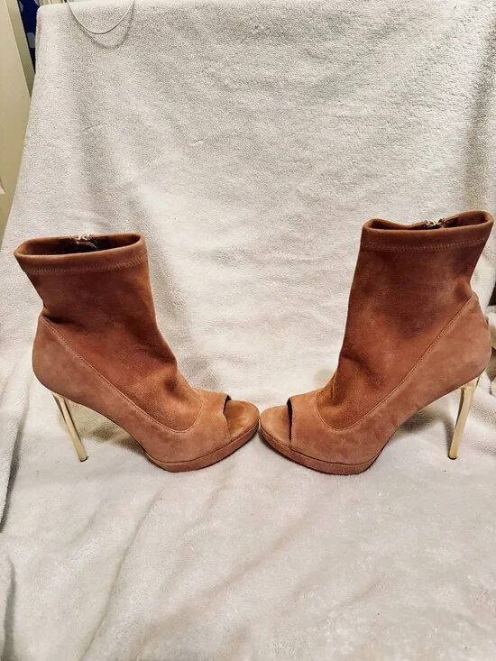 BCBG Max Azria‎ Cognac Suede Peep Toe Ankle Booties Stiletto Heel Luxe