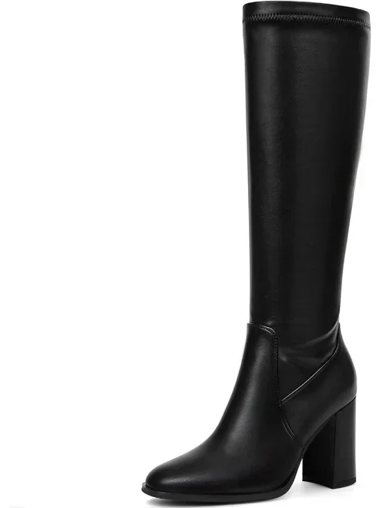 Women's Black Round Toe Side Zip Chunky Heel Fashion Tall Knee High Casual Boot