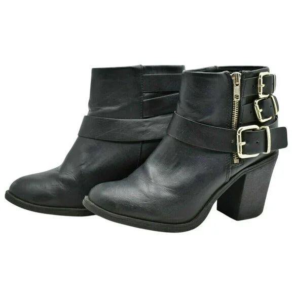 Divided Black Faux‎ Leather Ankle Booties Womens 7 M Triple Buckle Heeled Boots