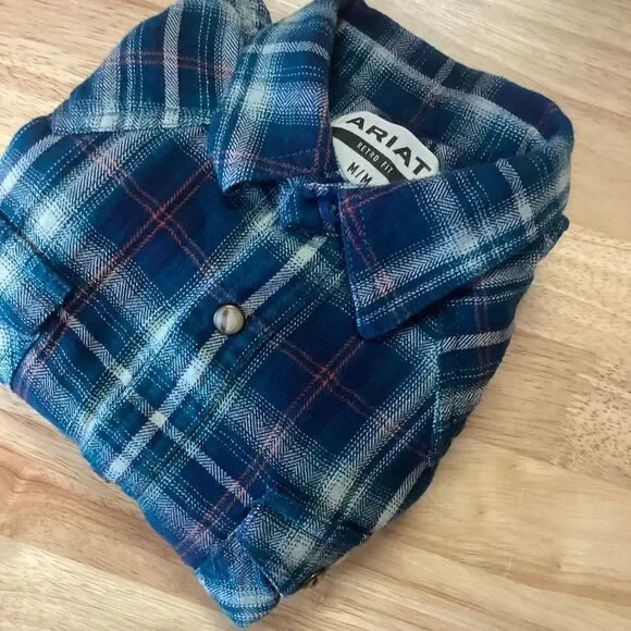 Ariat‎ Retro Fit Medium Boys Long Sleeve Pearl Snap Plaid Flannel Shirt Western