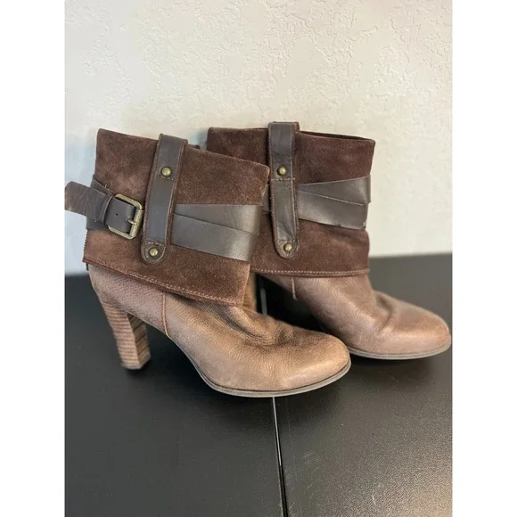 Nine West Natica Brown Leather Suede Buckle Detail Heel‎ Bootie Size 9M