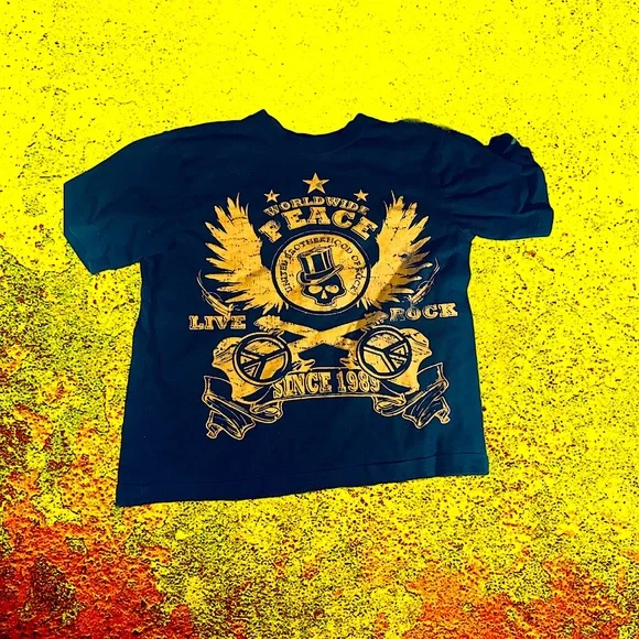 Vintage Y2K Graphic Tee Rock Navy & Yellow