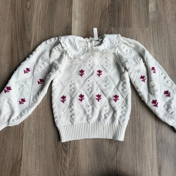 Janie and Jack Girls Cream Floral Popcorn Knit Sweater‎ Peter Pan Collar Size 4