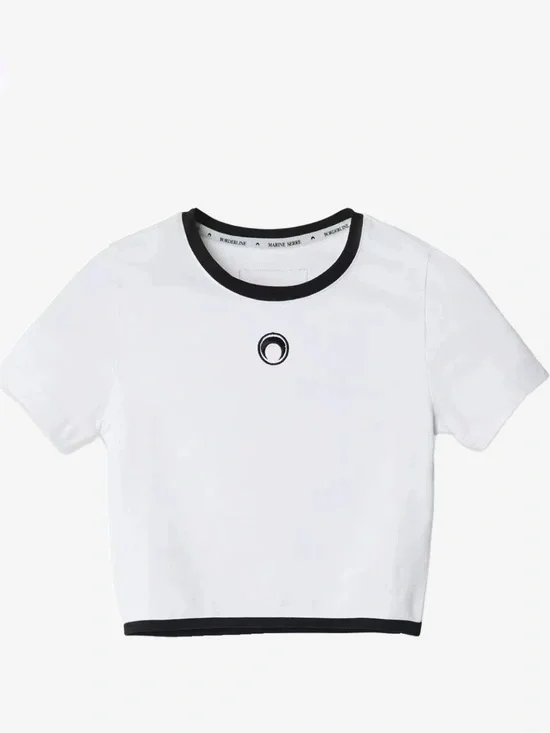 Marine Serre White Crop Tee with Black Trim - Casual Top