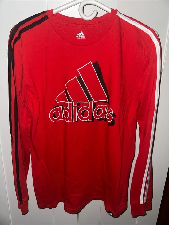 ADIDAS Boy’s Cotton Red Signature Stripes Long Sleeve Logo T-Shirt Size XL 18/20