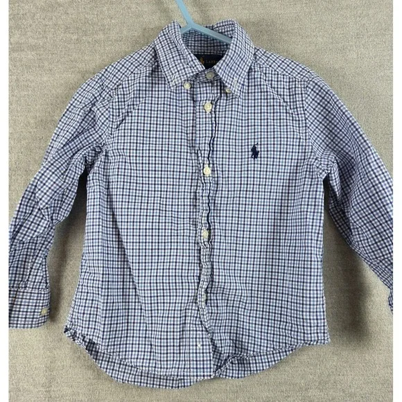 Polo‎ Ralph Lauren Button Up Shirt Boys 3T Blue White Gingham Check Preppy Logo