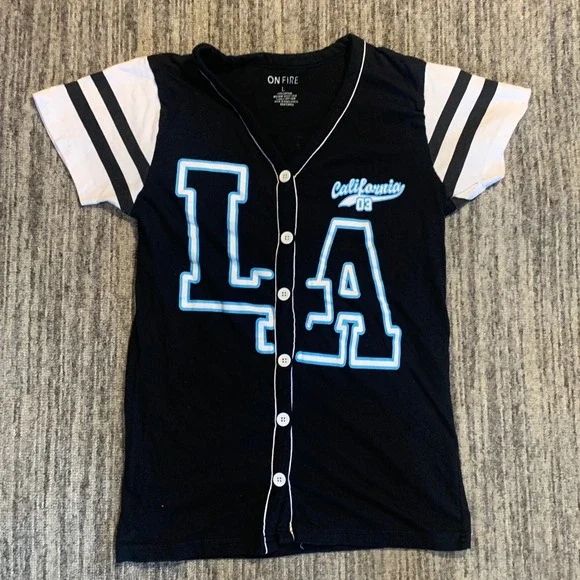 On Fire Baseball Jersey California LA Graphic Tee Striped Sleeve‎ Kids Size L