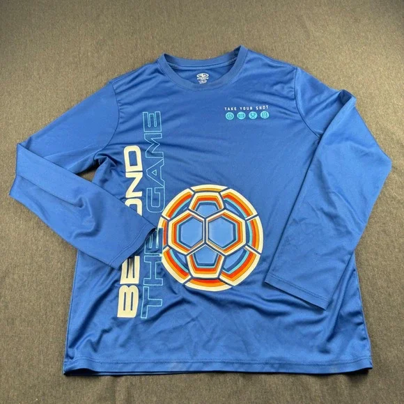 Athletic Works Boys Blue Soccer Graphic Long Slv Performance Tee L 10-12 Husky