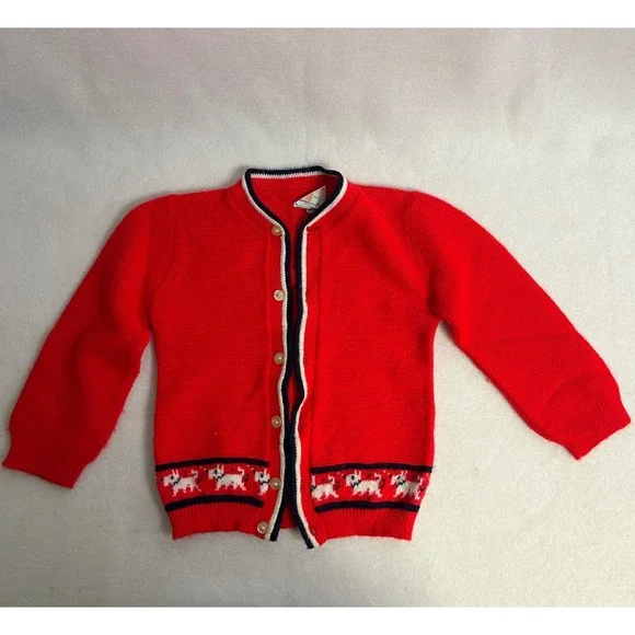 Vintage‎ Toddletime Kid Sm Red Scottie Dog Orlon Acrylic Knit Cardigan Sweater