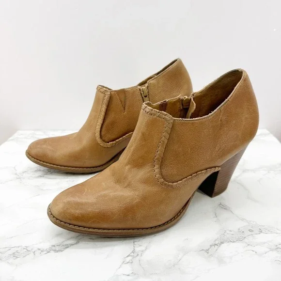 Jack Rogers Kyle Leather Ankle‎ Booties Women 10M Tan Whipstitch Block Heel Zip