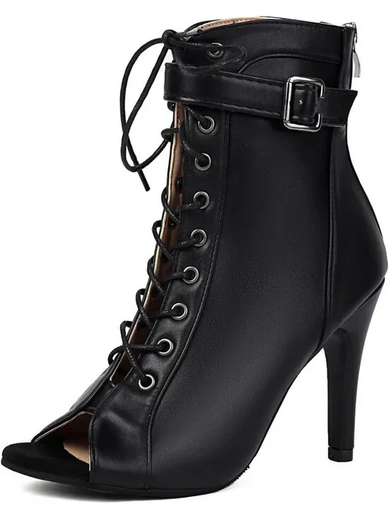 Womens Black Buckle Lace Up Mesh Sandal Peep Toe High Heel Ankle Boots