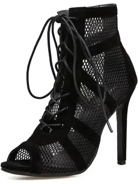 Women's Black Casual Buckle Lace Up Mesh Sandal Peep Toe High Heel Ankle Boots