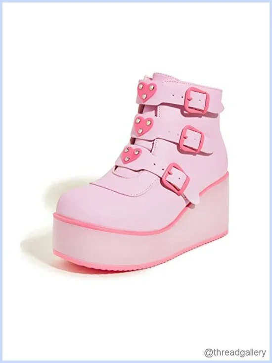 Women Platform Chunky Ankle Boots - Round Toe Zipper Wedges High Heels Buckle