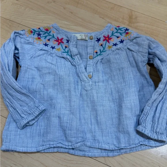 Zara Kids Blue Striped Blouse with Colorful Embroidery