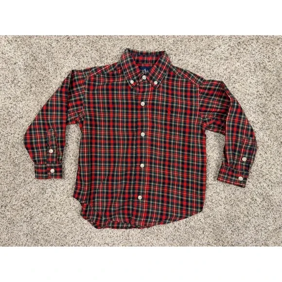 Ralph‎ Lauren Kids Red Green Tartan Plaid Button Down Shirt 3/3T Cotton