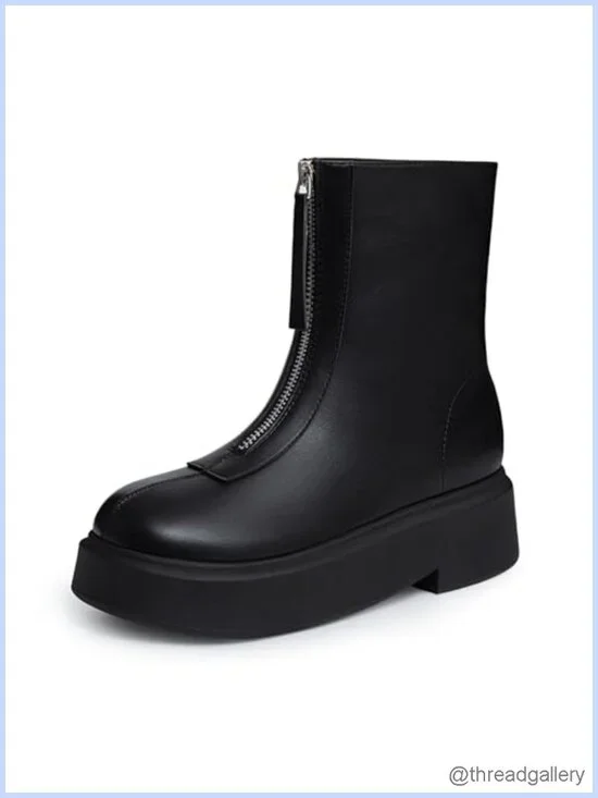 Faux Leather Platform Ankle Boots Chunky Low Heel Front Zipper