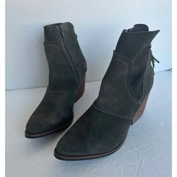 Matisse Laney Dark Gray Suede with Tassel Block Heel Side‎ Zip Ankle Boots Sz 8M