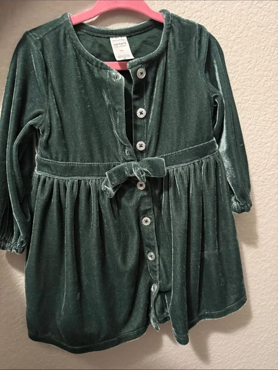 Carter's Dark Green Velvet Button-Front Dress with Bow