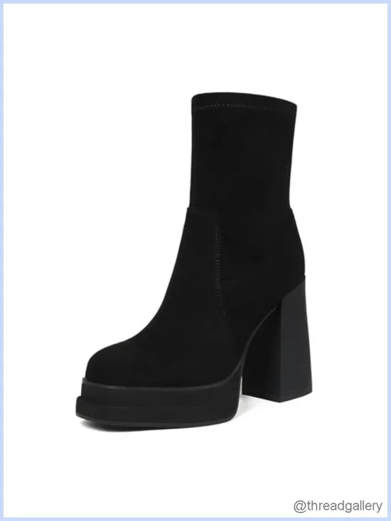 Platform Ankle Boots Chunky High Heel Square Toe Stretchy Combat Booties