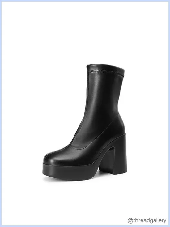 Chunky Platform Gogo Ankle Boots High Block Heel Square Toe Booties