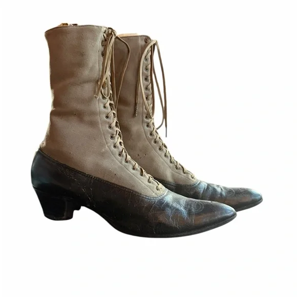 Late Victorian/Edwardian 1890-1910s High-Top Lace-Up Canvas‎ Upper Shaft Louis H