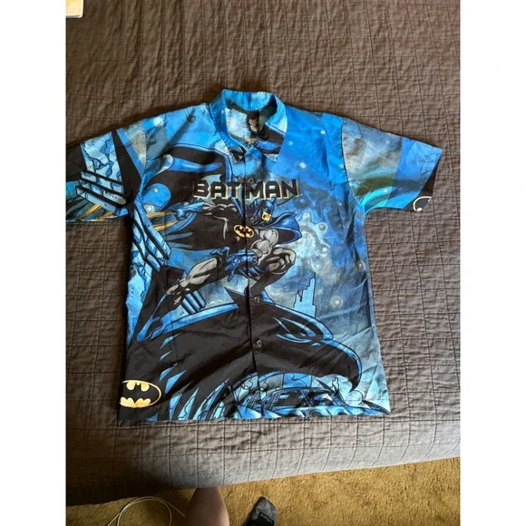 Vintage Batman Comic Button Up Shirt‎ Kids Size 12/14 Blue Graphic Print