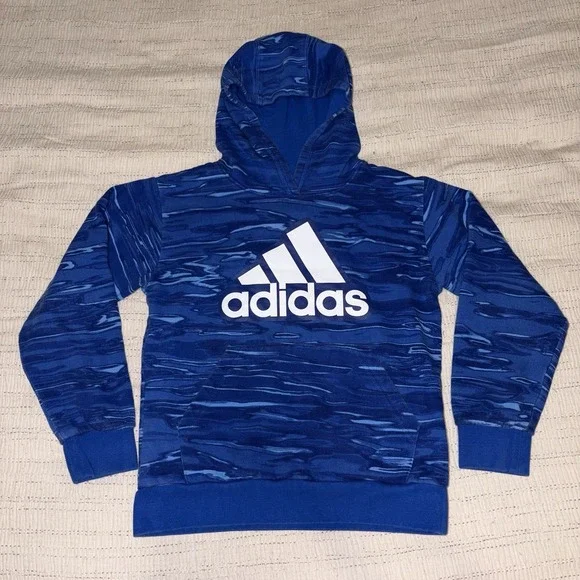 Adidas Hoodie Youth Medium Blue Camo Logo Pullover Sweatshirt Boys Girls‎