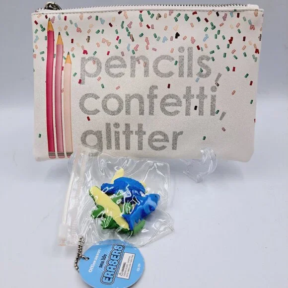 Pencils, Confetti, Glitter School Zipper Pencil Holder & Set Of Sea Life Erasers