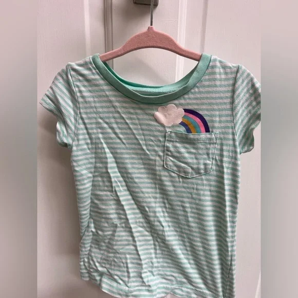 Carter’s 24M light Blue/Green and White Striped Short Sleeve Top with Rainbow