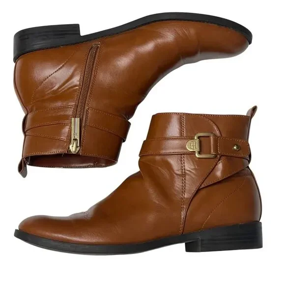 Tommy Hilfiger Women Brown Ankle Boots Side Zip Buckle‎ Detail Size 8.5M