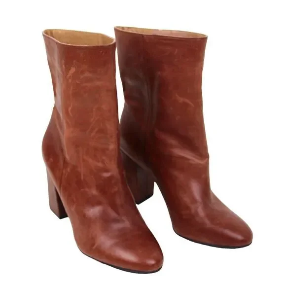 LUCKY BRAND BROWN GENUINE LEATHER MID HEEL ROUND TOE ANKLE BOOTS SHOES Sz 6.5M