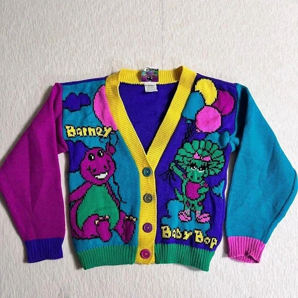 Vintage 1992 Barney Baby‎ Bop Cardigan Sweater Kids Size 6 Colorful USA Rare