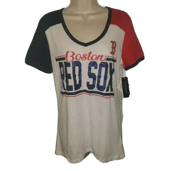 New Era MLB Boston Red Sox‎ T-Shirt V Neckline Size L Glitter logo NWT $30