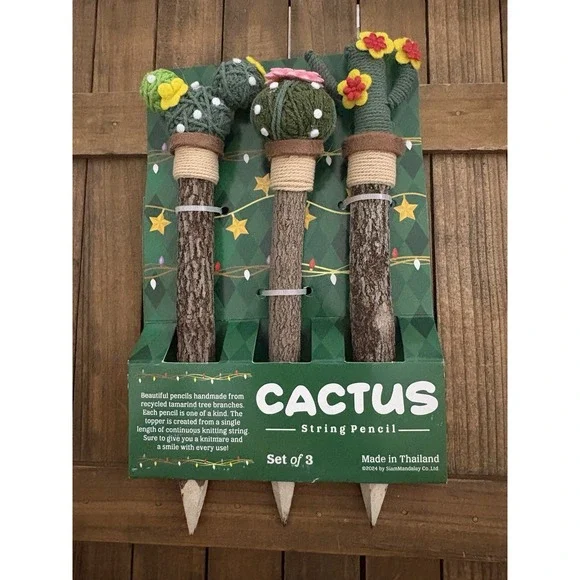 Handmade‎ Cactus String Pencil Set of 3 – Eco-Friendly Recycled Wood. New!
