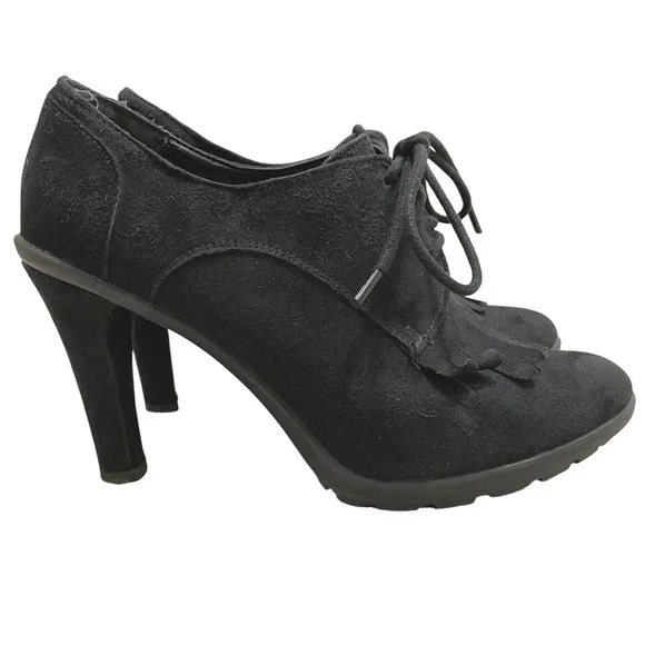 Tahari Temple‎ Booties Black Faux Suede Lace Up Fringe High Heel Shoes Size 7
