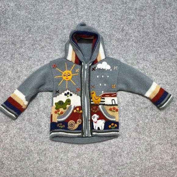 Vintage‎ Style Hand Knit Animal Scene Hooded Zip Cardigan Blue Kids 12-18 Months