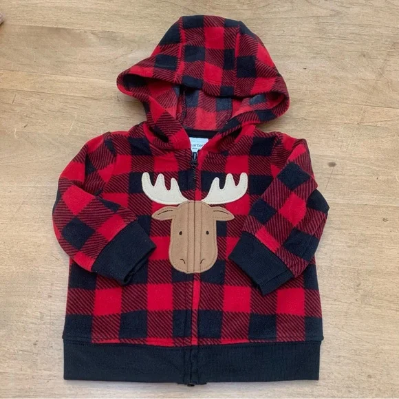 Carter’s Baby Hoodie Buffalo Plaid with Moose Appliqué Size 0-3 months