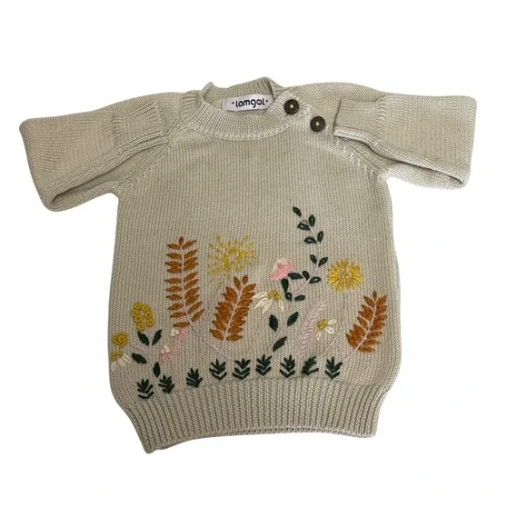 Lamgool Kids Beige Knit Floral‎ Embroidered Sweater Shoulder Buttons Long Sleeve