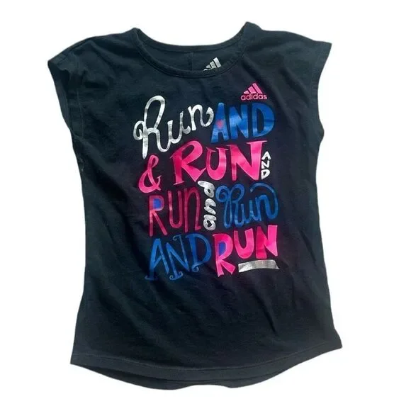 Youth Girls Adidas Black Run and Run Activewear Graphic Tee Shirt - Sz 4