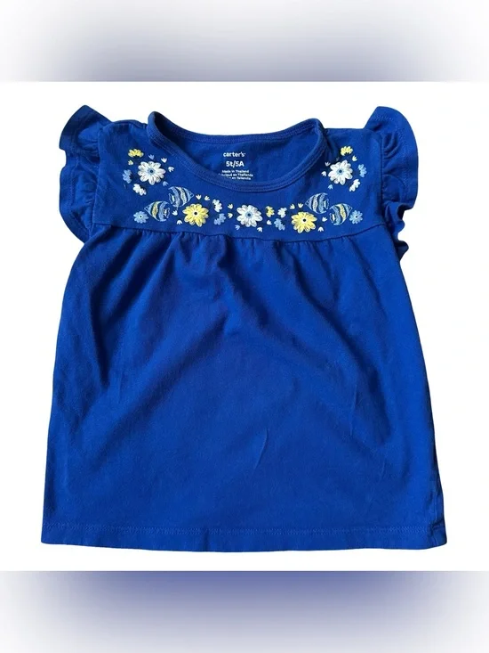 Carter's 5T Girls Blue cotton fish embroidery ruffled short sleeve shirt
