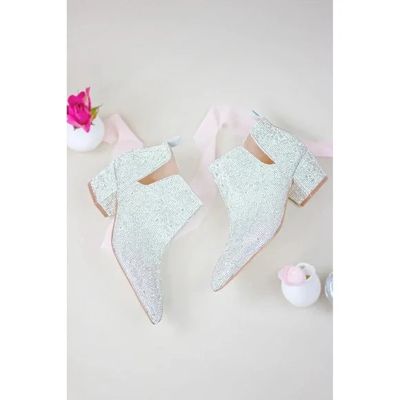 NEW Kate Whitcomb Brit Sparkly Rhinestone Boot Bootie Block High Heel Shoe Pearl