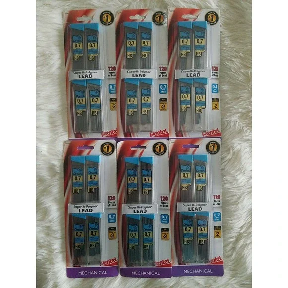 Lot of 6 Pentel Super Hi-Polymer 0.7 mm Medium Lead 120ct HB Hardness #2 720 pcs