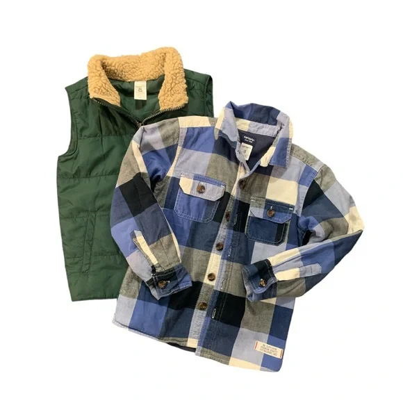 Carter’s (1)Vest Green Fleece Neck Pockets (2)Shacket Navy Blue Plaid Pockets 5T