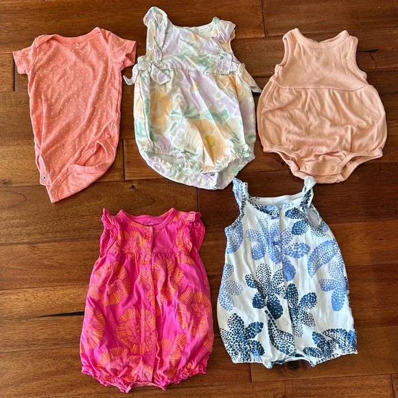 Baby Girl One Pieces in Pink, Peach, and Blue